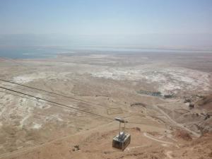 At top of Masada- Dead Sea in background   